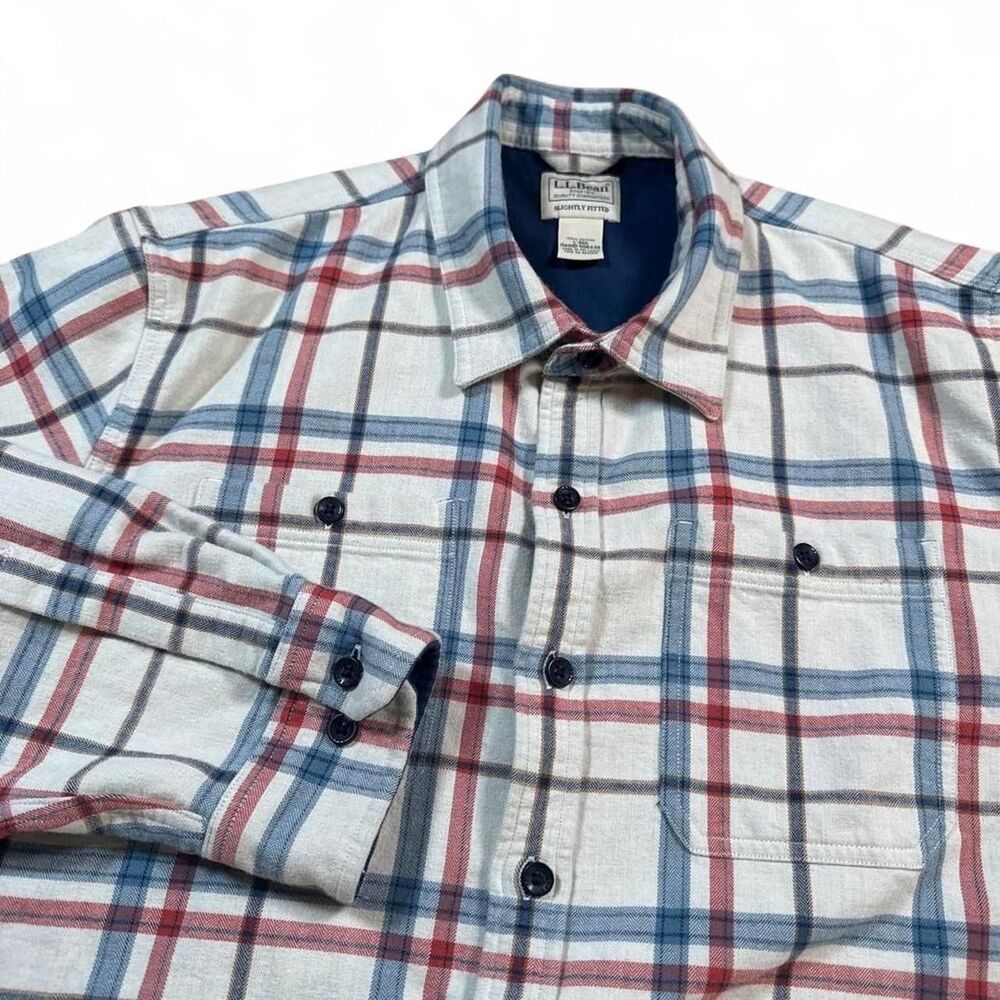 LL Bean Fleece Lined Button Up Shirt Jacket Men's L White Blue Plaid 506448